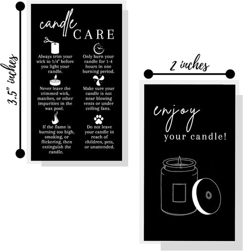 Handmade Candle Care Instruction Card - 50 Pack for Candle Makers, Black with White, 3.5 x 2 inches