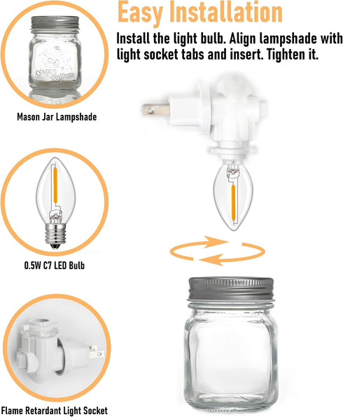 2-Pack 0.5W Vintage Mason Jar Plug in Night Light with On Off Switch, LED Night Lights Plug into Wall Socket, Farmhouse
