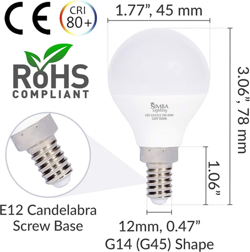 E12 G14 5 40W Bulb (6 Pack) A15 Non-Dimmable, 5000K Simba Lighting LED Candelabra Base Small Globe Watt Replacement