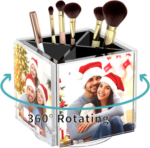 HIIMIEI Acrylic Rotating Pen Holder for Desk, Holds 4 Family Photos, Organizer for Office and Home