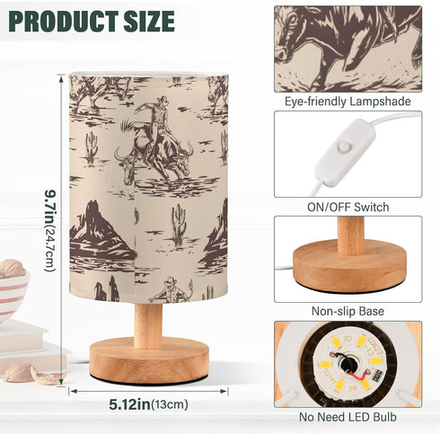 Bedside Lamp West Cactus Cowboy Table Lamp for Bedroom LED Nightstand Lamp Shade USB Ports Wood Base for Living Room
