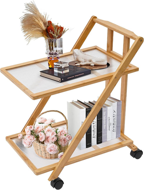 jyjoETPOF 2-Tier Bamboo Rolling Cart,Multipurpose Heavy Duty Cart,Multipurpose Storage Rack,Utility Cart,High Capacity