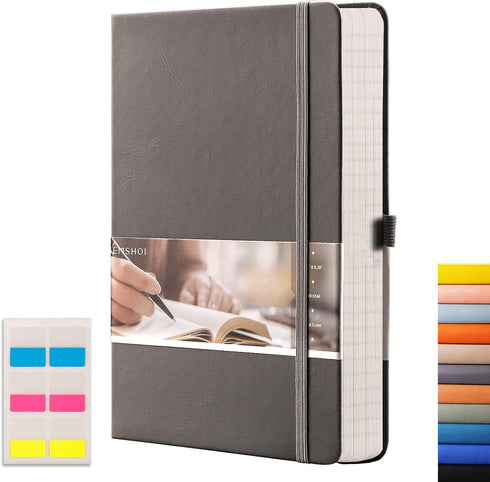 EMSHOI A5 Graph Paper Notebook - 256 Pages, Hard Cover, 120gsm Thick Paper, Smooth PU Leather, Inner Pocket, Dark Grey