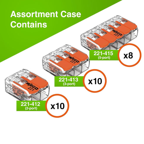 WAGO 221 Series 28pc Compact Splicing Wire Connectors Assortment Pack | includes (10x 221-412), (10x 221-413), (8X 221-415) | 221 Series Assortment with Case