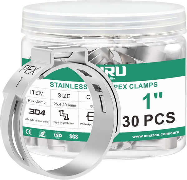 30PCS 1 Pex Crimp Ring, 304 Stainless Steel Single Ear Hose Clamps for Pex Fittings Pipe Tubing