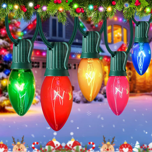 25Ft Multicolor Christmas Lights,C9 Christmas Lights Outdoor with 26 Clear Glass Colorful