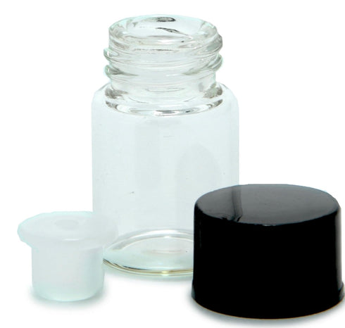 Vivaplex 24 Clear 2 ml (5/8 Dram) Glass Bottles with Black Caps and Orifice Reducers
