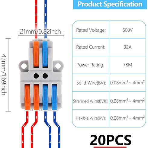MELFIE 20PCS Lever Wire Connectors, 2 in 4 Out Quick Wire Connectors for AWG 28-12 Electrical Terminal Block
