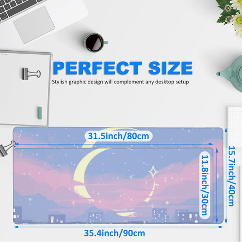 Desk Mat, Anime Moon City Night Scene Extended Gaming Mouse Pad, 31.5"x11.8" Big Mouse Pad for Home Office Work