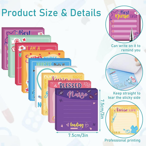 Whaline Nurse Notepad Nurse Sticky Notes Medical Themed Memo Pad Self-Stick Notes Funny Notes Message Reminder Pads for Nurse Appreciation Gifts Office School Home Supplies, 9Pcs