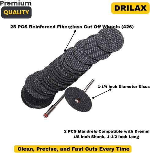 Fiberglass Reinforced Cut-off Wheels Discs Kit 1 1/4 inch Diameter 25 Pieces + 2 Mandrel For Dremel Rotary Tool 426 426b Compatible by DRILAX