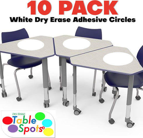 Table Spots Dry Erase Dots - 10 Pack Large 12" Circles for Classroom Tables, Premium Vinyl, No Staining, White