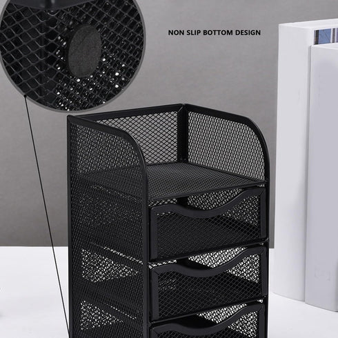 HEEPDD 3 Tier Mesh Office Desktop Organizer with 3 Drawer, Mini Desk Supplies Organizer, Metal Stationary Black Desk