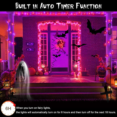 2 Pack 200 66Ft 8 echosari Halloween Fairy Lights Battery Operated, LED Auto Timer Silver Wire Starry String Lights