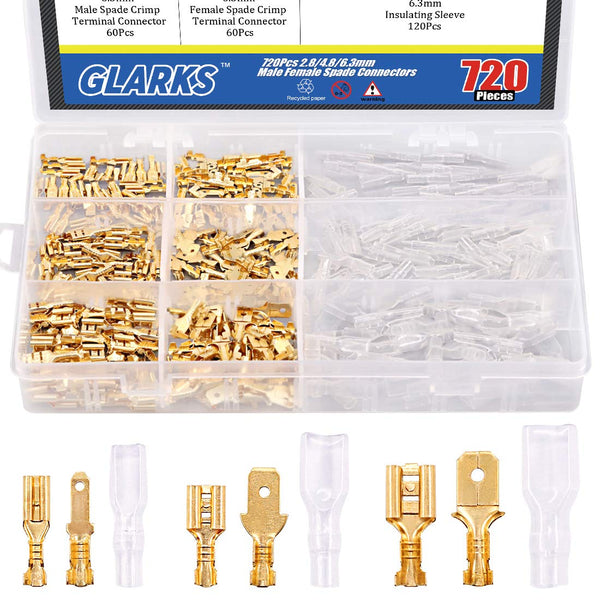 Glarks 720Pcs Male and Female Wire Spade Connector Assortment Kit with Insulating Sleeve for Car Audio