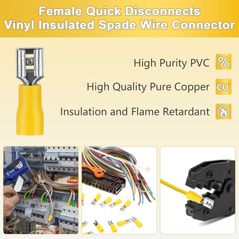 200 Pcs Yellow Female Quick Disconnects, Vinyl Insulated Spade Wire Connectors 12-10 AWG