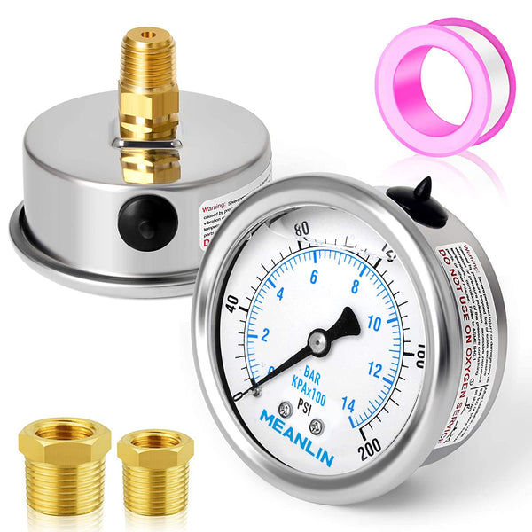 MEANLIN MEASURE 0~200Psi Stainless Steel Pressure Gauge - 1/4" NPT 2.5" FACE DIAL Liquid Filled for Water Oil Air
