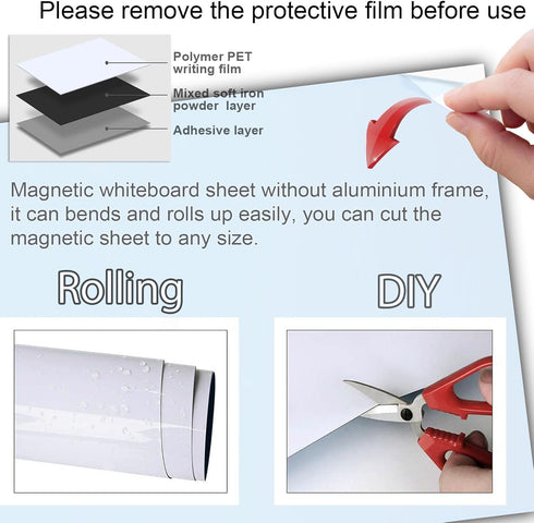 Dry Erase White Board Sheet, 16" x 34", Self-Adhesive for Wall, Fridge, Glass, Magnetic, Includes Markers, Eraser,