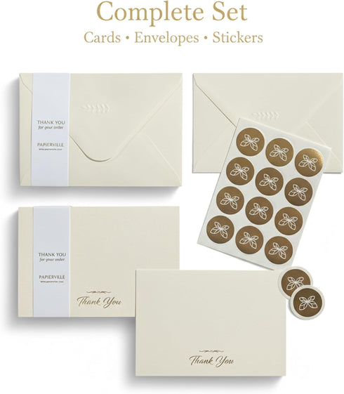 Papierville 24 Pack 4x6, Thank You Cards with Envelopes & Stickers Ivory Gold Foil Flat Notecards Thick Matte Paper