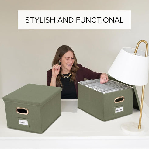 ZICOTO Set of 2 Decorative File Organizer Box - Collapsible Linen Filing Cabinets with Handles for Documents & Hanging
