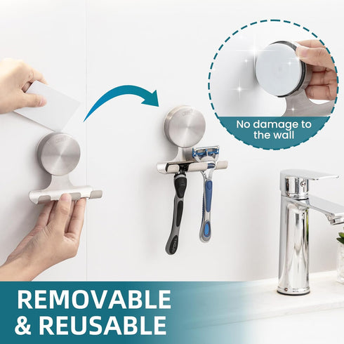 2 Pack 304 TAILI Powerful Suction Cup Razor Holder, Stainless Steel Bathroom Suction Hooks for Towel, Loofah, Bathrobe