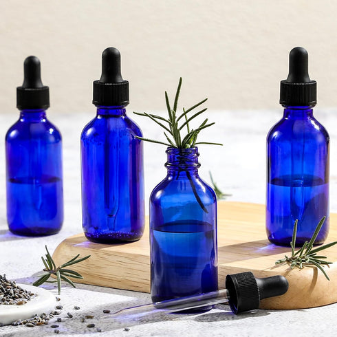AOZITA 4 Pack 2 oz Dropper Bottles with 1 Funnel & 4 Labels - Thick Dark Blue Glass Tincture Bottles with Eye Droppers
