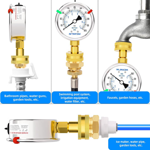 MEANLIN MEASURE 0~100Psi Stainless Steel Frame 3/4" Female Liquid Filled Pressure Gauge Kit with 5 Adapters, 2.5" FACE