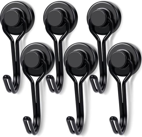 E BAVITE Black Swivel Swing, 30LBS Neodymium Rare Earth Magnetic Hooks, Pack of 6 for Kitchen, Refrigerator