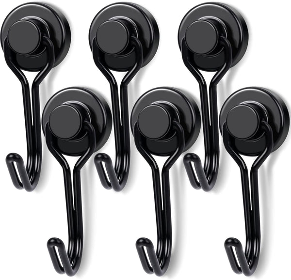 E BAVITE Black Swivel Swing, 30LBS Neodymium Rare Earth Magnetic Hooks, Pack of 6 for Kitchen, Refrigerator