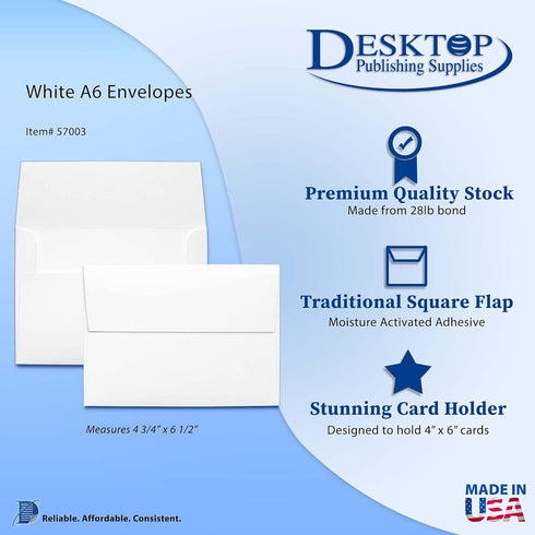 Bright White A6 Envelopes for Invitations - 4" x 6" (4 3/4" x 6 1/2") - 100 Square Booklet Flap Envelopes