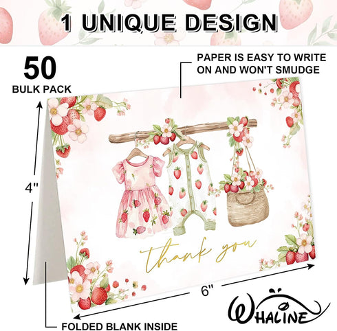 50 4 6 Inch Whaline Pcs Strawberry Baby Shower Thank You Cards with Envelopes Stickers Bulk Cute Clothes Pink Blank