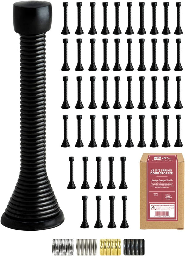 Jack N’ Drill Spring Door Stop (3 ?) - 50 Pack, Flexible Heavy Duty Black Door Stop for Home and Office