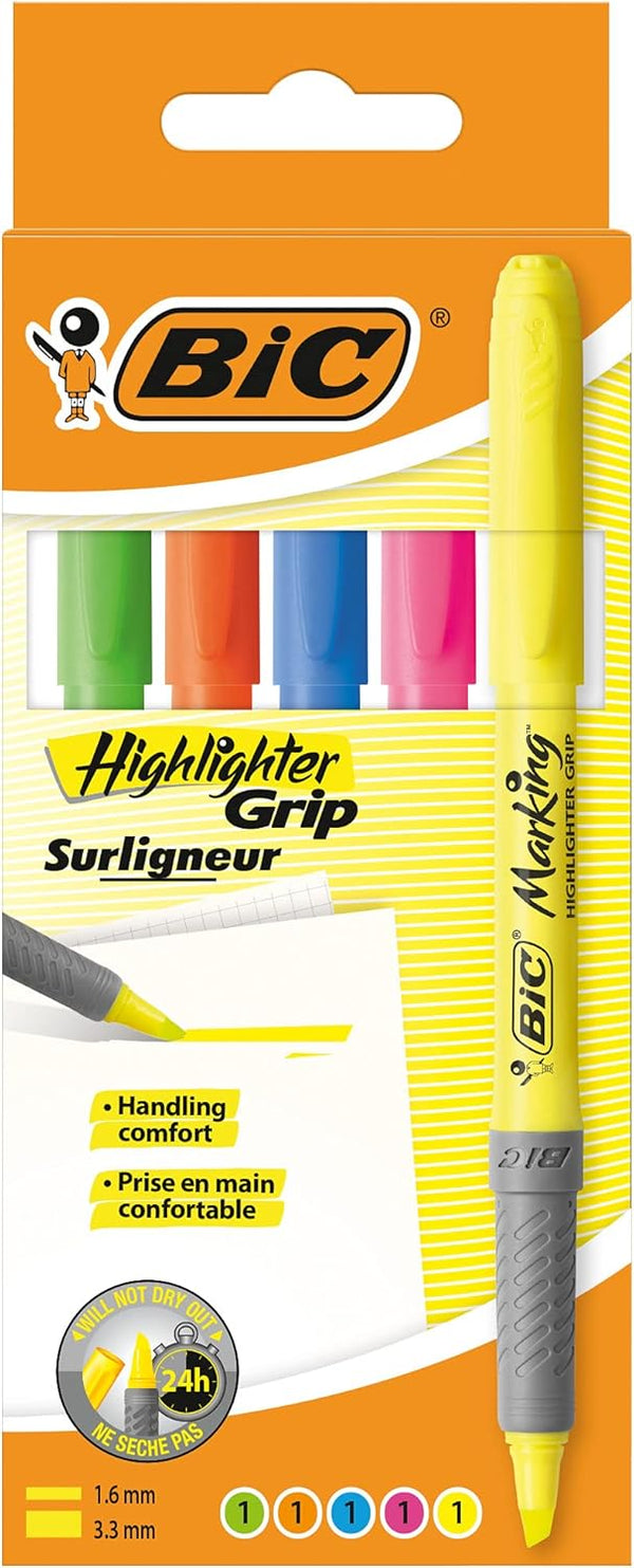 Bic Highlighter Grip, Ribbed Rubber Grip for Comfort, Water-Based Ink, Assorted Colors, Pack of 5