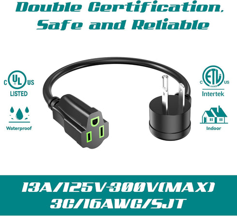 2 Pack Power Extension Cord 3FT/36Inch, Short 3 Prong Electric Extension Cable Outlet Saver, Single Outlet, Heavy Duty, Waterproof, Flexible, 16 AWG, 13A 125V, Indoor Wires for Home or Office - Black