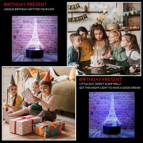 junnire 3D 7 Dimmable Eiffel Tower LED Visual Acrylic Night Light with Remote Colors Change USB Powered Bedroom