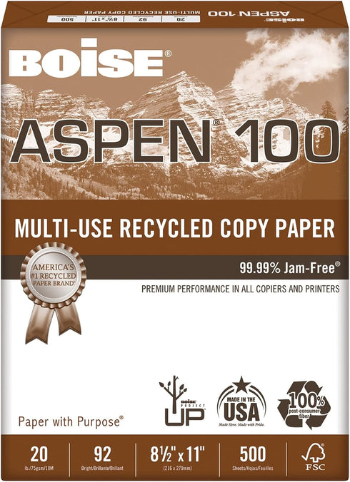 Boise ASPEN 100 Multi-Use Printer & Copy Paper, 1 Ream, White, Letter (8.5"