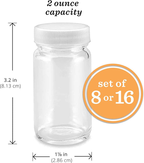 2 oz, (16 pack) Juice Shot Bottles with Caps - Wide Mouth for Juicing, Beverage Storage, Liquids, Clear Small Glass
