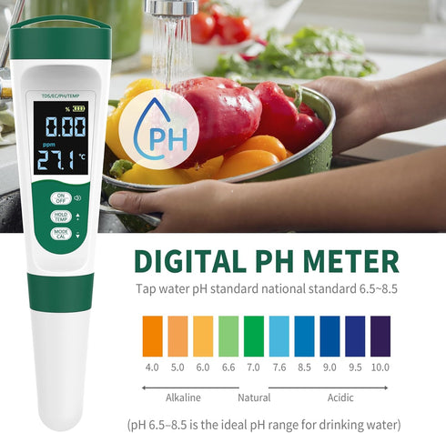 5-in-1 Swimming Digital PH Meter, with Voice Function, PH/TDS/EC/Temp/Salt Pool Salt Tester, Waterproof & Rechargeable