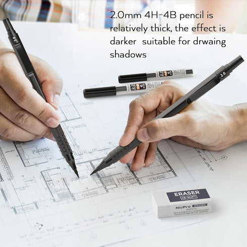 Nicpro 2.0 Mechanical Pencil Set, Black Metal, 3 PCS with Case, Drafting Lead Holder, Graphite Lead Refill & Colors