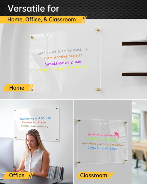 Clear Acrylic Dry-Erase Board 24x16", Wall-Mount Writing Panel, Includes 8 Markers, Eraser, Install Kit for Home &