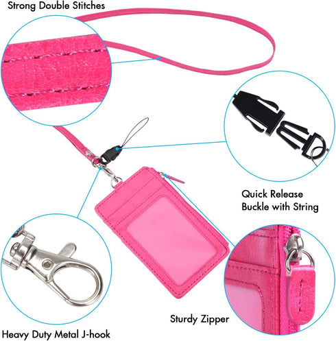 Badge Holder with Zip, Wisdompro Double Sided PU Leather ID Card Holder Wallet Case with 5 Card Slots, Hot Pink