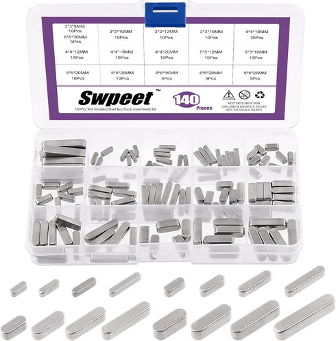 Swpeet 140Pcs 16 Sizes Stainless Steel Round Ended Feather Key Parallel Drive Shaft Keys Set