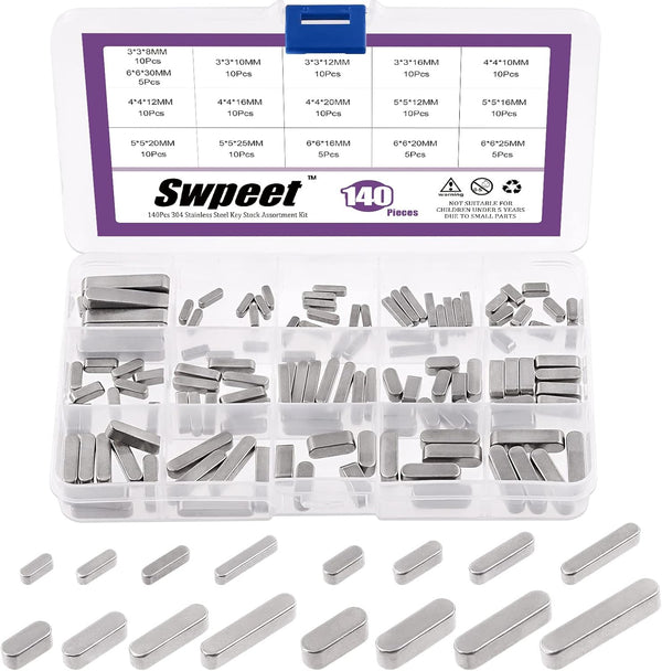 Swpeet 140Pcs 16 Sizes Stainless Steel Round Ended Feather Key Parallel Drive Shaft Keys Set