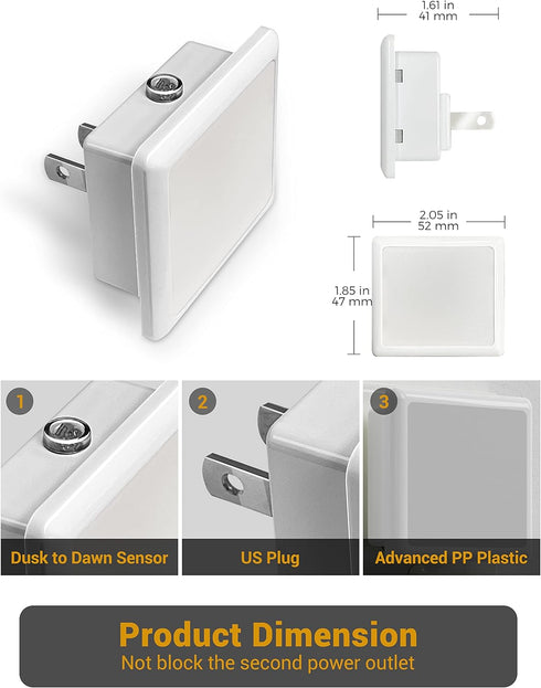 2 Pack, 3000K 0.3W, JandCase Night Lights Plug into Wall Plug in Night Light with Dusk-to-Dawn Light Sensor, Soft White