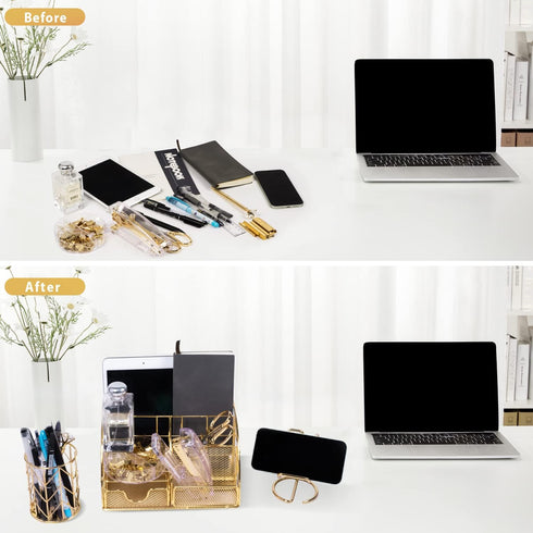 Gold Desk Organizers and Accessories Set - Office Supplies with Stapler, Pen Holder, Phone Holder, Scissors, Clips,