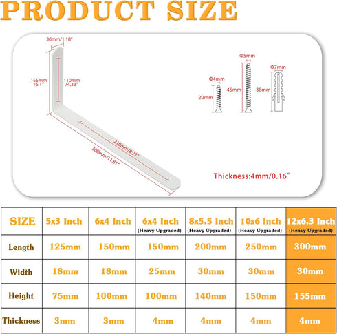 4Pcs,White Support,11.8x6.1x1.18 Inch Alise Floating Shelf Brackets Bracket for Shelves Heavy Duty L Wall Bracket