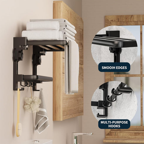 Maccvk 7 Gray16 Inch Towel Rack with Towel Bar Holder Suction Cup Foldable Towel Shelf No Drill with Hooks Rustproof