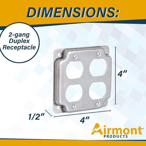 AP-12098 4" Square Double Duplex Electrical Box Cover, 1/2" Raised, Galvanized Steel, Crushed Corners, 2-Gang