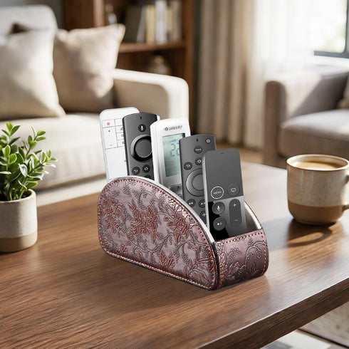 5 YAPISHI All-in-One Leather Brown TV Remote Holder with Compartments Nightstand Desktop Media Player Remote Caddy