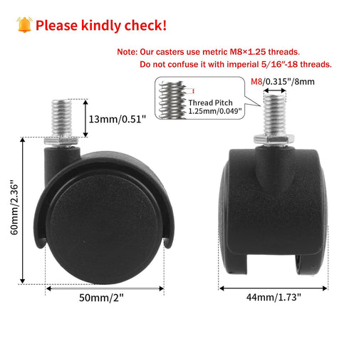 HOWDIA 1.5 Inch M8×1.25 Threaded Stem Nylon Swivel Caster Wheels with Brake, 4-Pack for Carts & Furniture